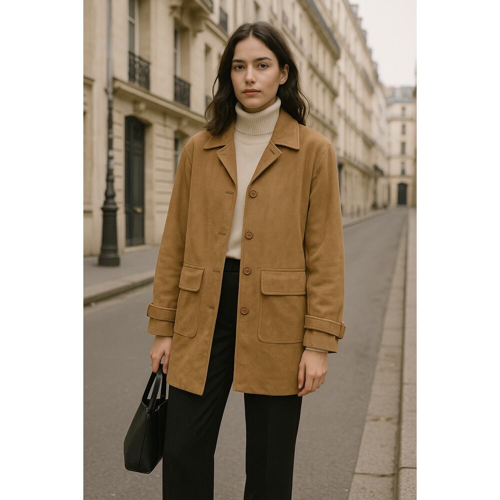 Vintage Easy Style Leather Car‎ Coat Women XL Tan Camel Classic Button Jacket
